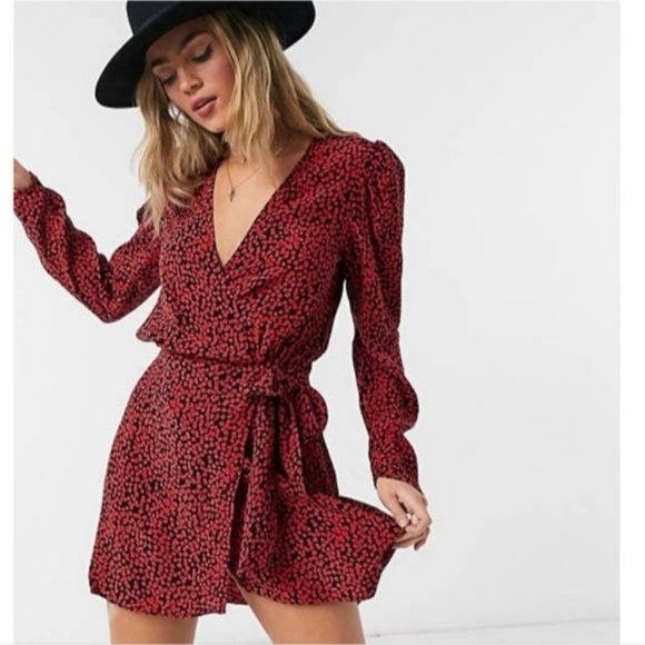 Free People Dresses & Skirts - Free People Red Kinsley Floral Wrap Long Sleeve Mini Dress 6